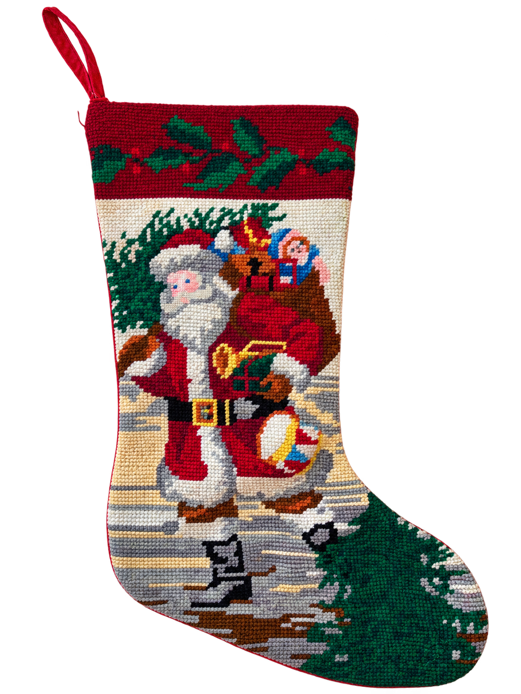 Vintage Santa needlepoint Christmas stocking front