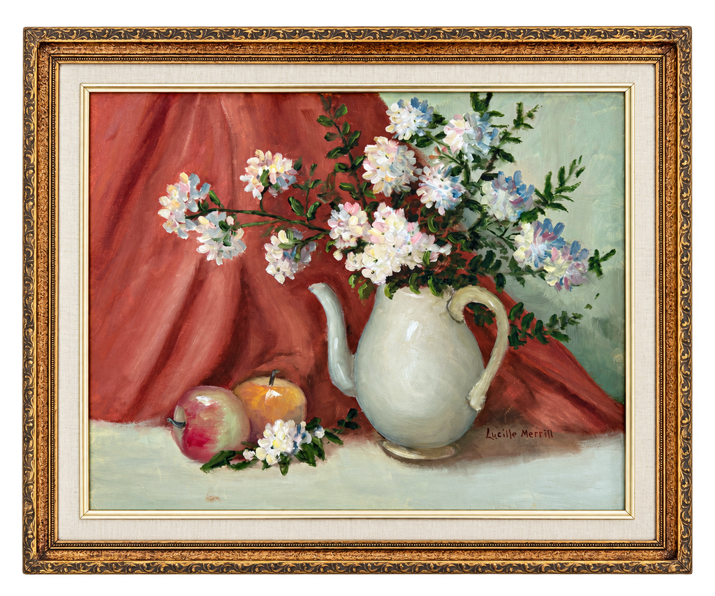 Signed floral still life with pale pitcher and apples in an ornate gold frame, 24 by 20 inches