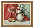 Signed floral still life with pale pitcher and apples in an ornate gold frame, 24 by 20 inches