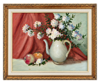 Signed floral still life with pale pitcher and apples in an ornate gold frame, 24 by 20 inches