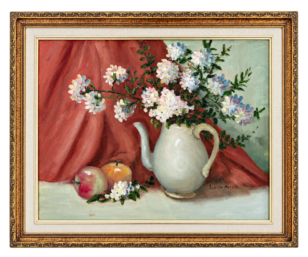 Signed floral still life with pale pitcher and apples in an ornate gold frame, 24 by 20 inches