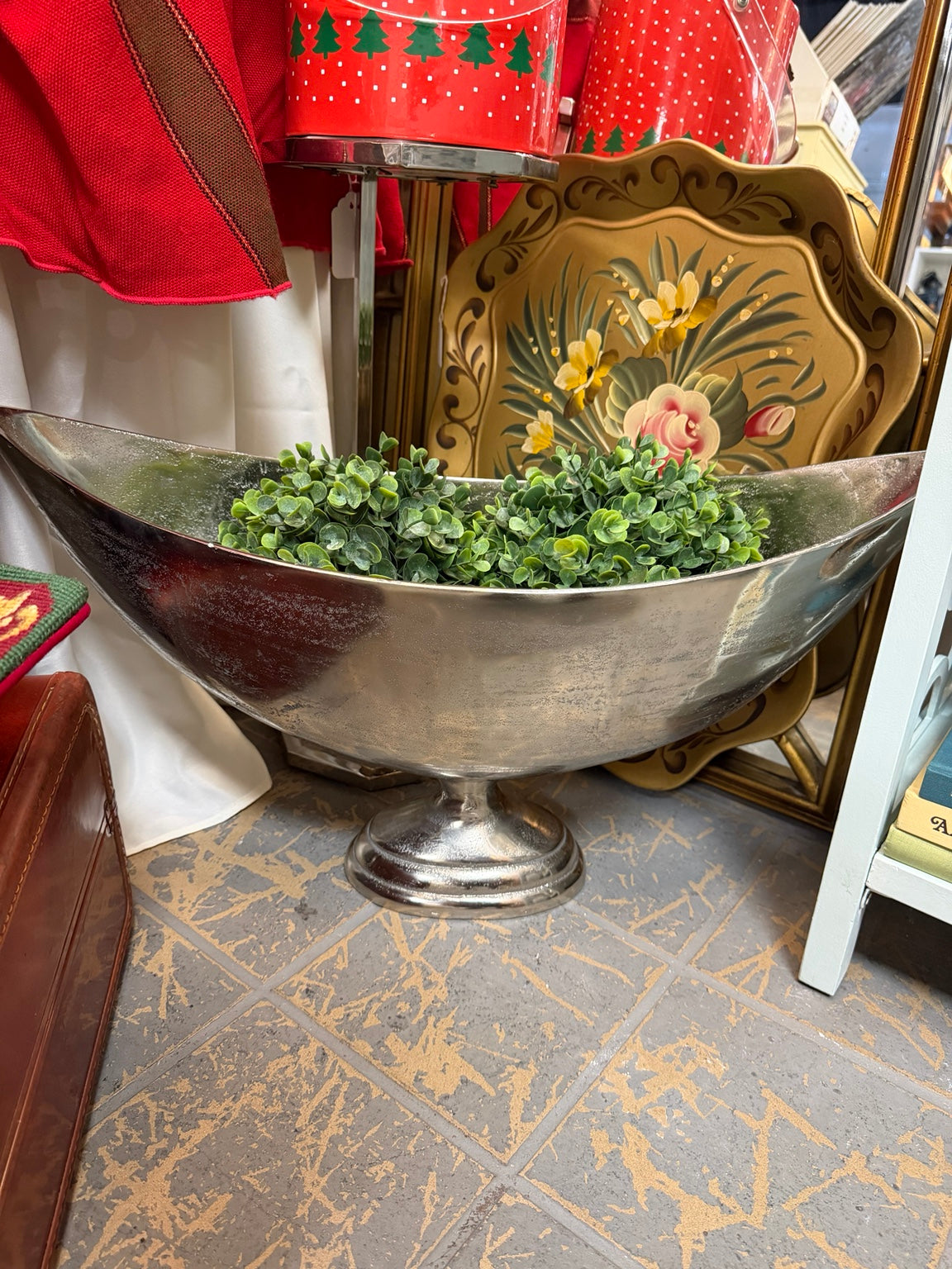 Silver-tone boat-shaped pedestal centerpiece bowl with visible surface patina
