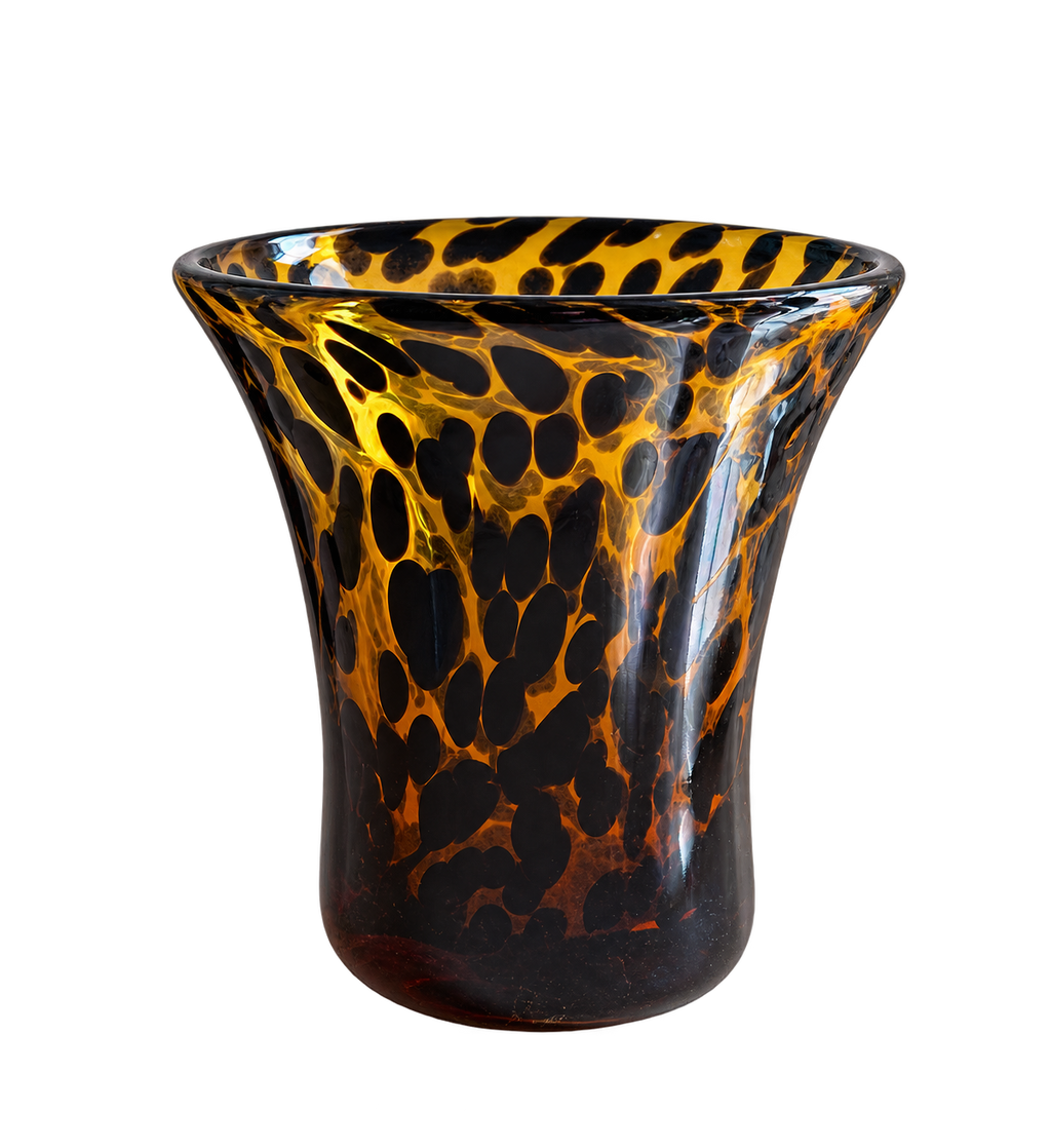 Hand-blown art glass vase with amber and dark brown tortoiseshell pattern; sold individually