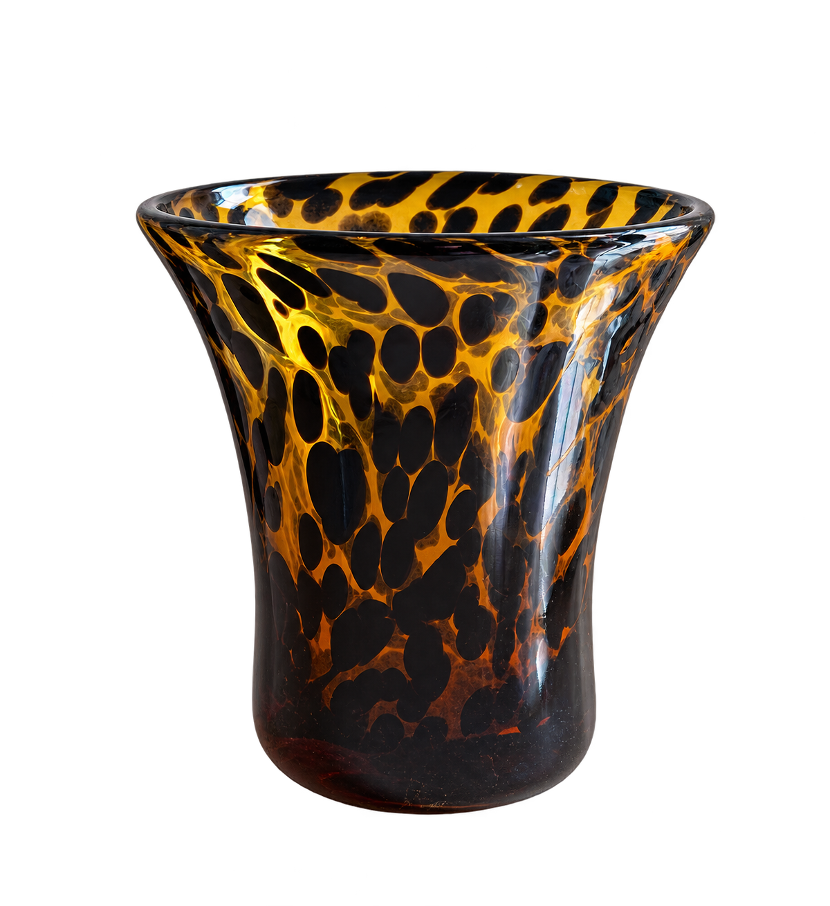 Hand-blown art glass vase with amber and dark brown tortoiseshell pattern; sold individually