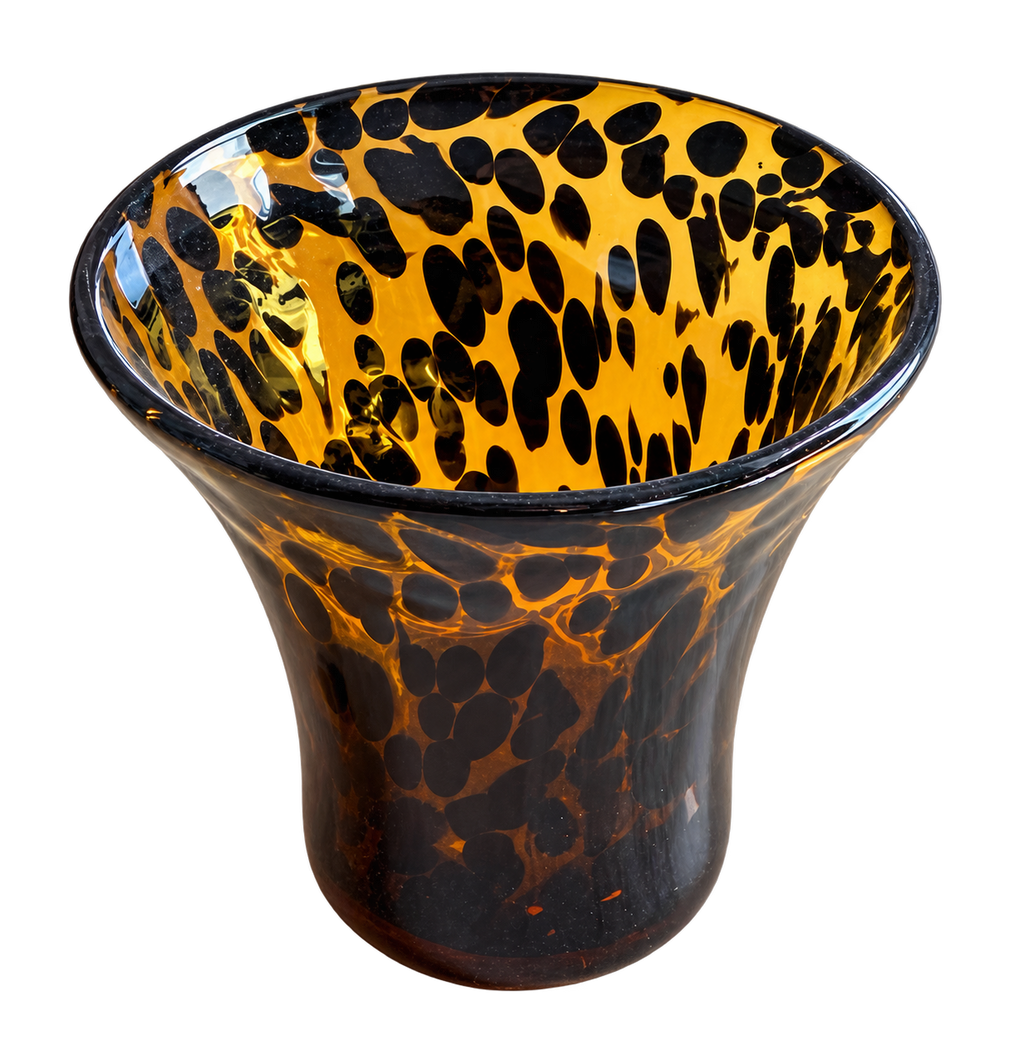 Hand-blown art glass vase with amber and dark brown tortoiseshell pattern; sold individually