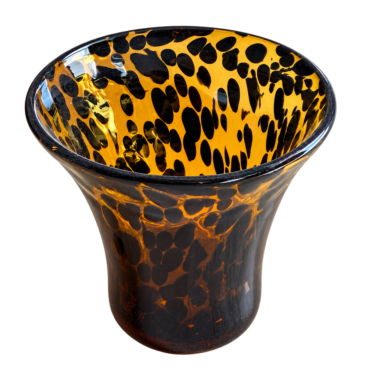 Hand-blown art glass vase with amber and dark brown tortoiseshell pattern; sold individually