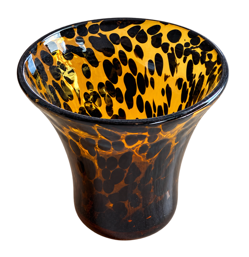 Hand-blown art glass vase with amber and dark brown tortoiseshell pattern; sold individually