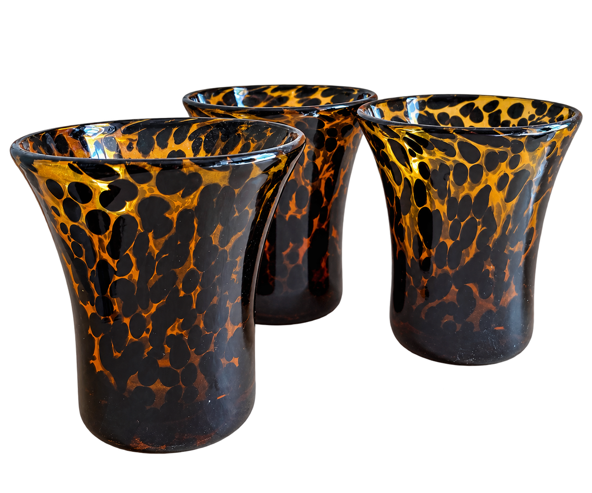 Hand-blown art glass vase with amber and dark brown tortoiseshell pattern; sold individually
