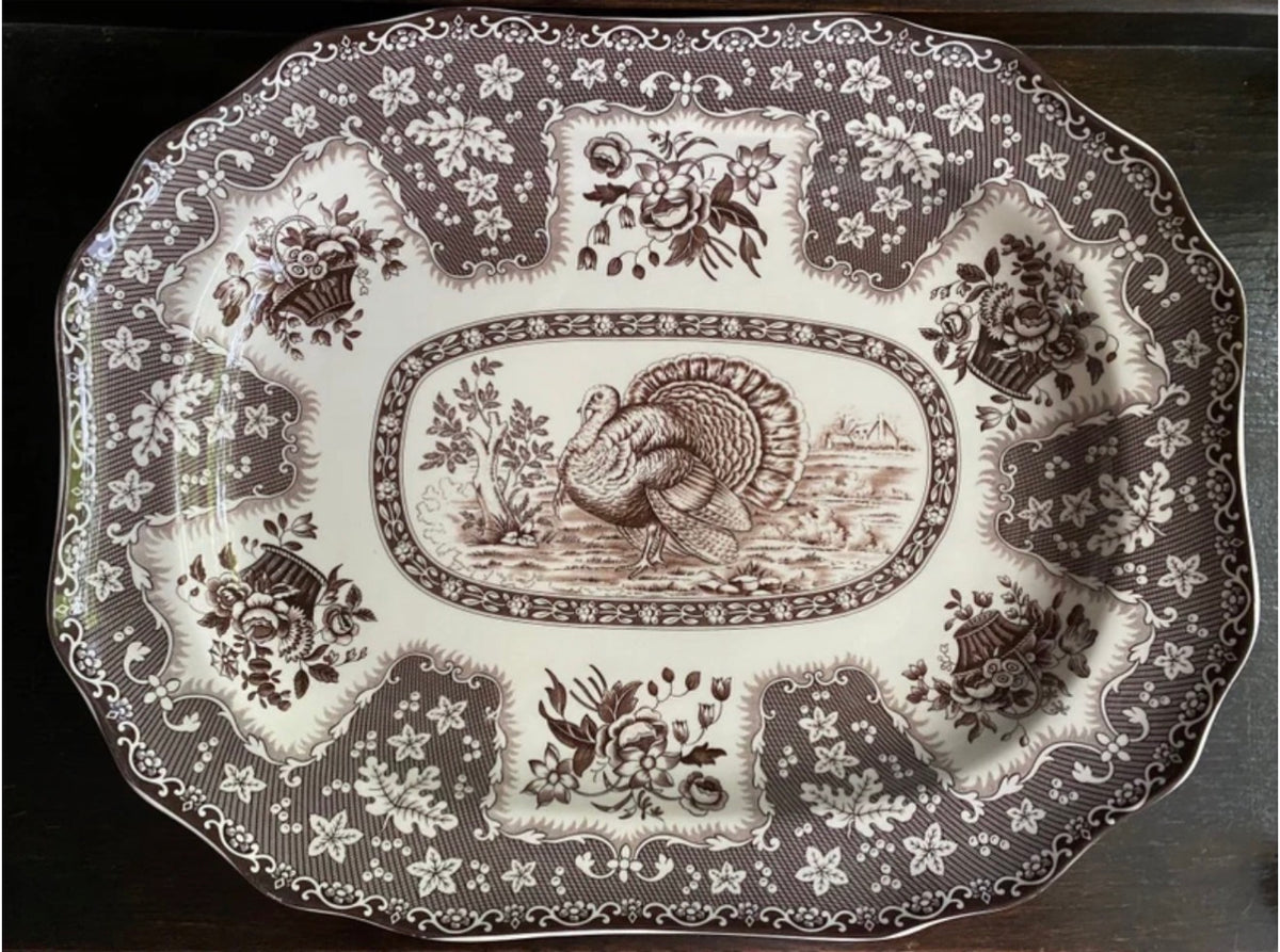 Vintage brown transferware turkey platter with ornate floral border