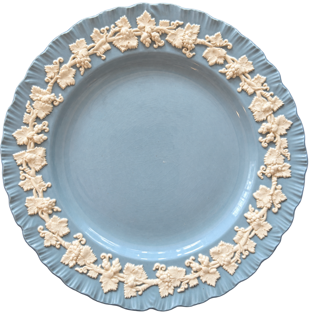 Wedgwood blue and cream grapevine plate front with visible crazing