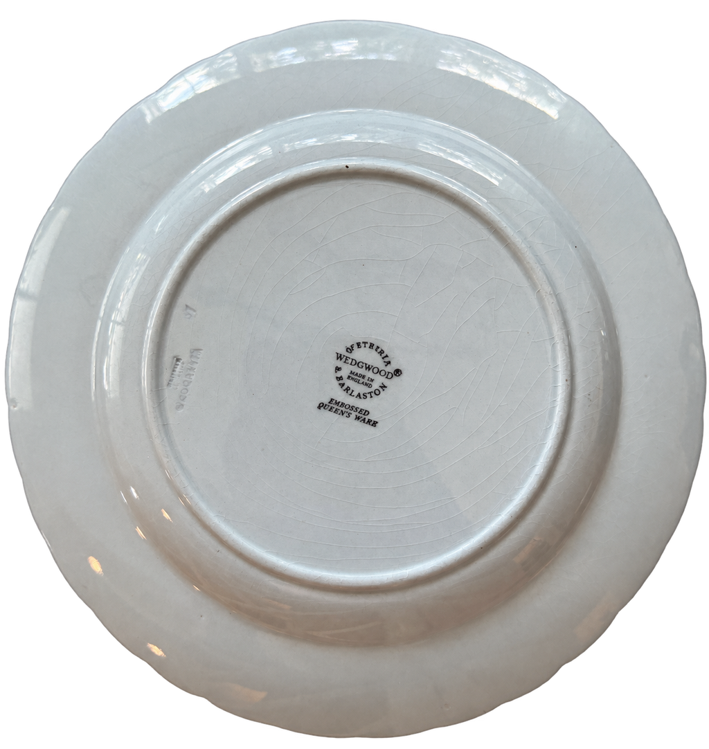 Wedgwood blue and cream grapevine plate underside with maker mark and crazing