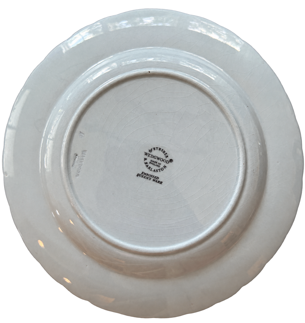 Wedgwood blue and cream grapevine plate underside with maker mark and crazing
