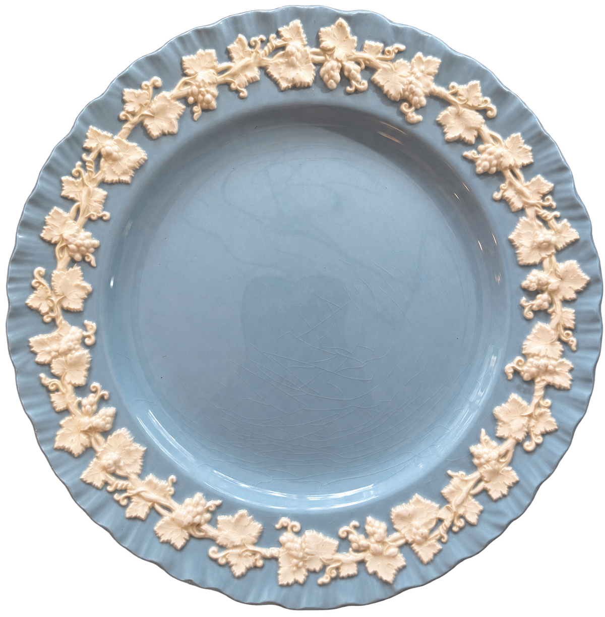 Wedgwood blue and cream grapevine plate front with visible crazing