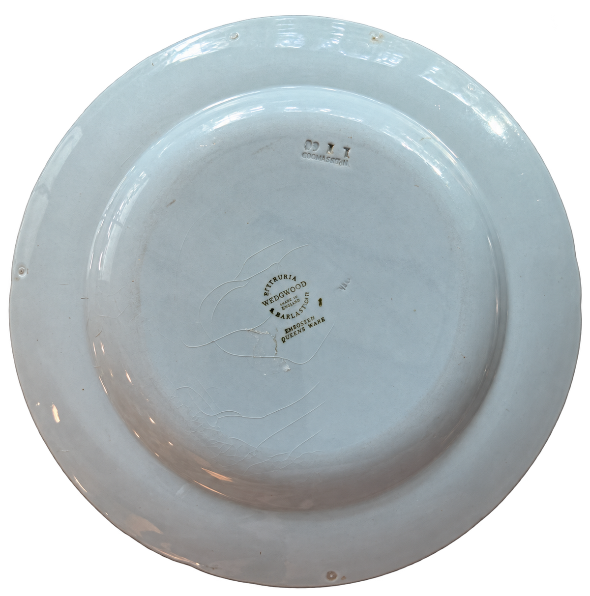 Wedgwood blue and cream grapevine plate underside with maker mark and crazing