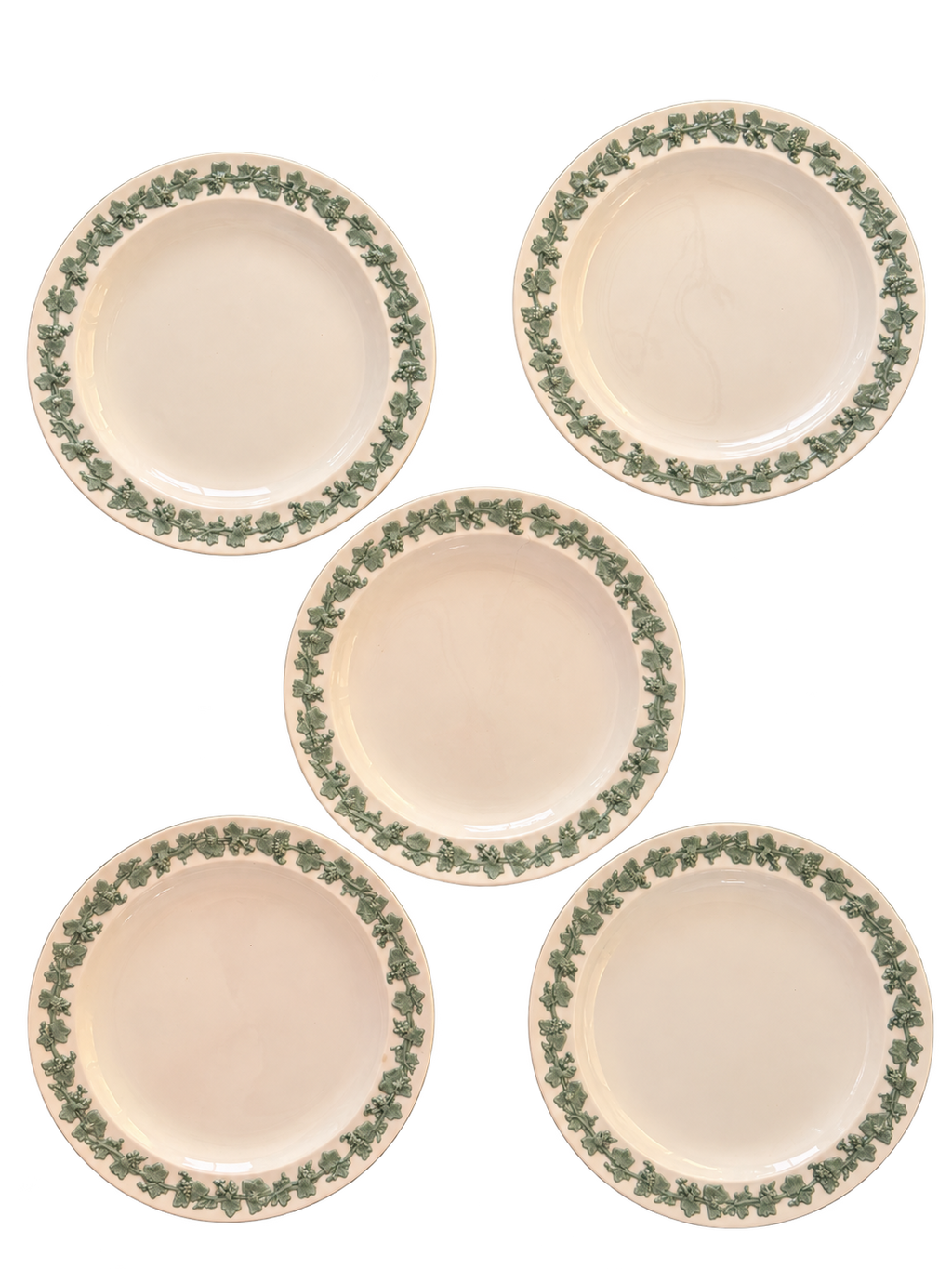 Set of five 10-inch Wedgwood green grapevine plates on cream