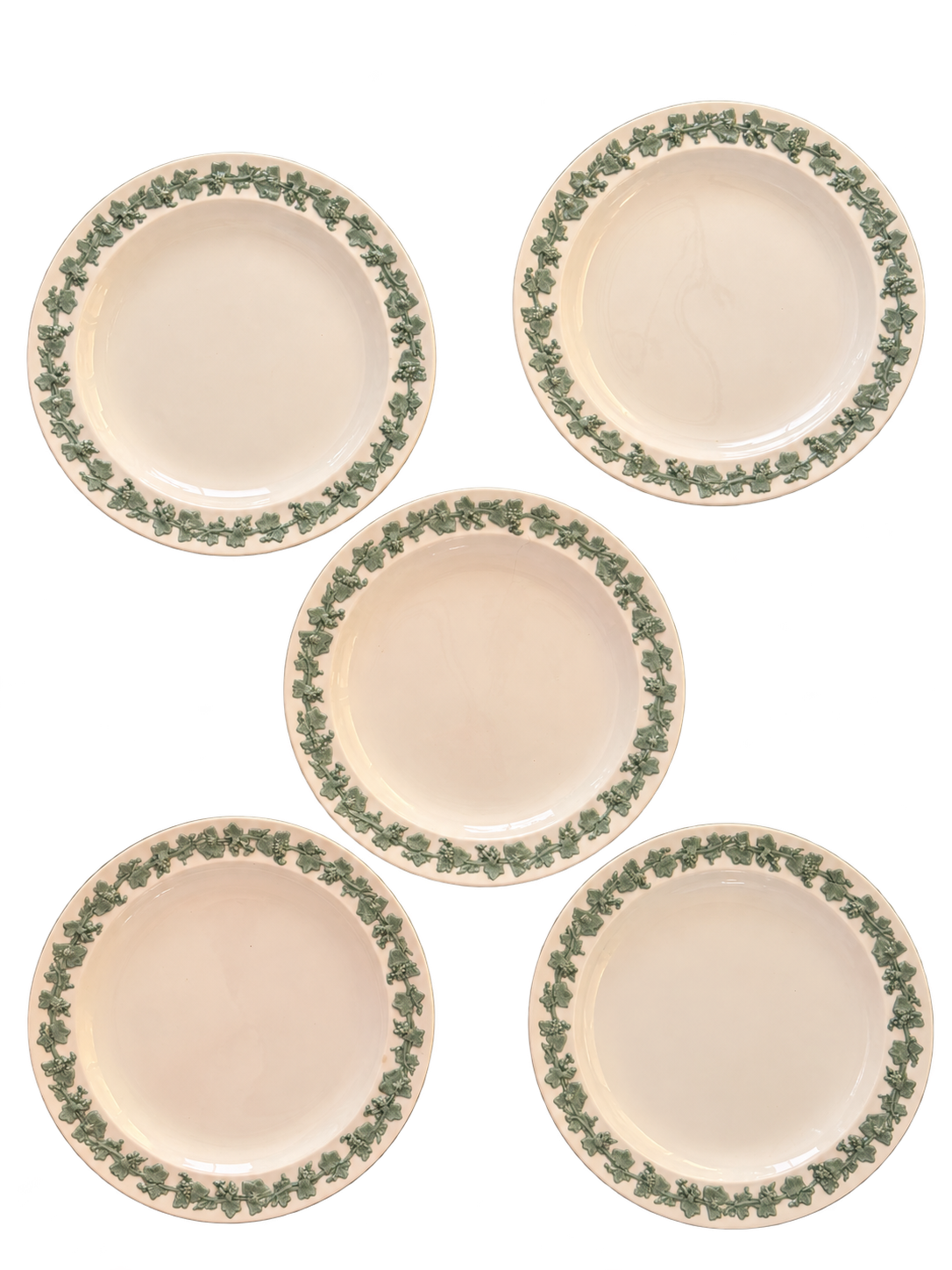Set of five 10-inch Wedgwood green grapevine plates on cream