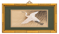 White bird in flight with olive green mat and gold faux-bamboo frame, 19 inches wide by 11 inches high