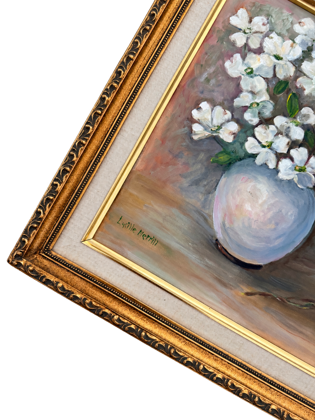 Close-up of Lucille Merrill signature, pale blue vase, white flowers, cream liner, and ornate gold frame