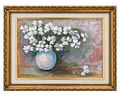 White dogwood blossoms in a pale blue vase, signed Lucille Merrill, ornate gold frame, 20 by 16 inches