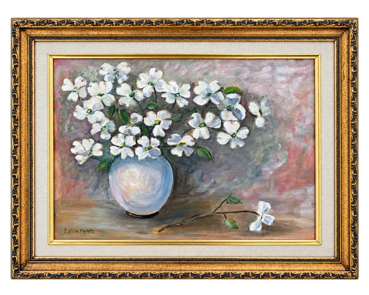 White dogwood blossoms in a pale blue vase, signed Lucille Merrill, ornate gold frame, 20 by 16 inches